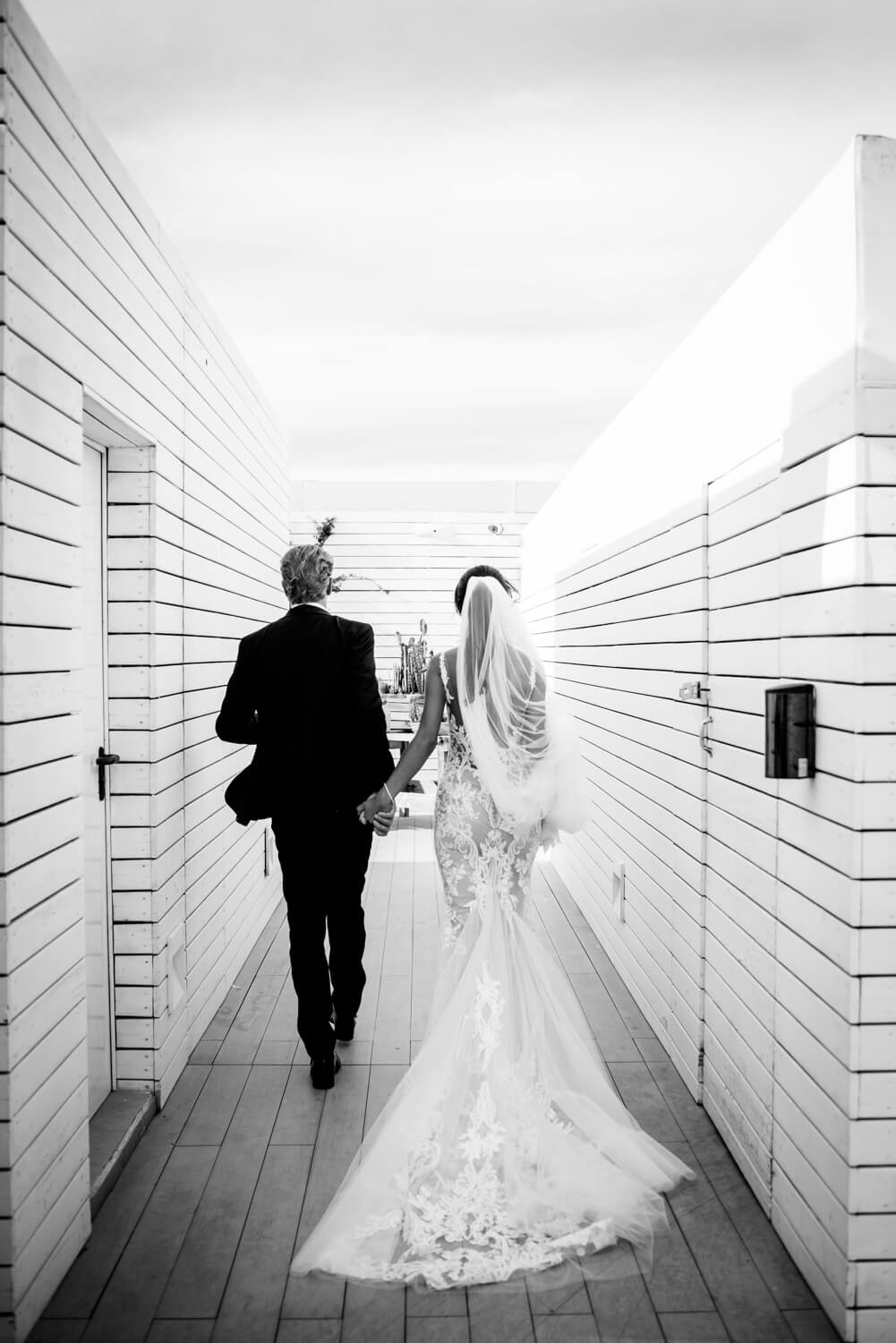 Monochrome - BnW bride and groom just married, Ibiza at Nikki beach